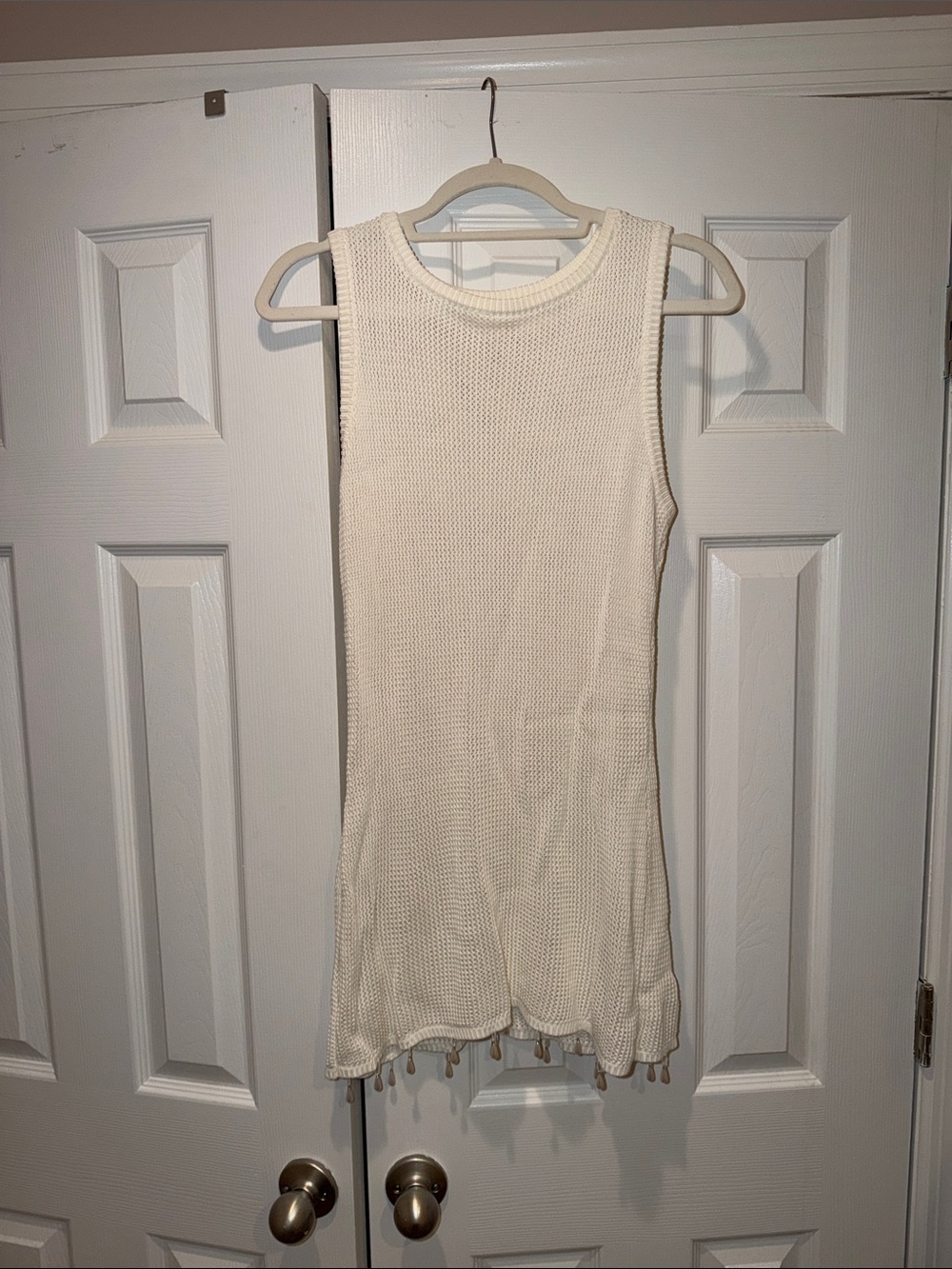 Sleeveless Cream Knit Coverup Dress with Tassel Hem